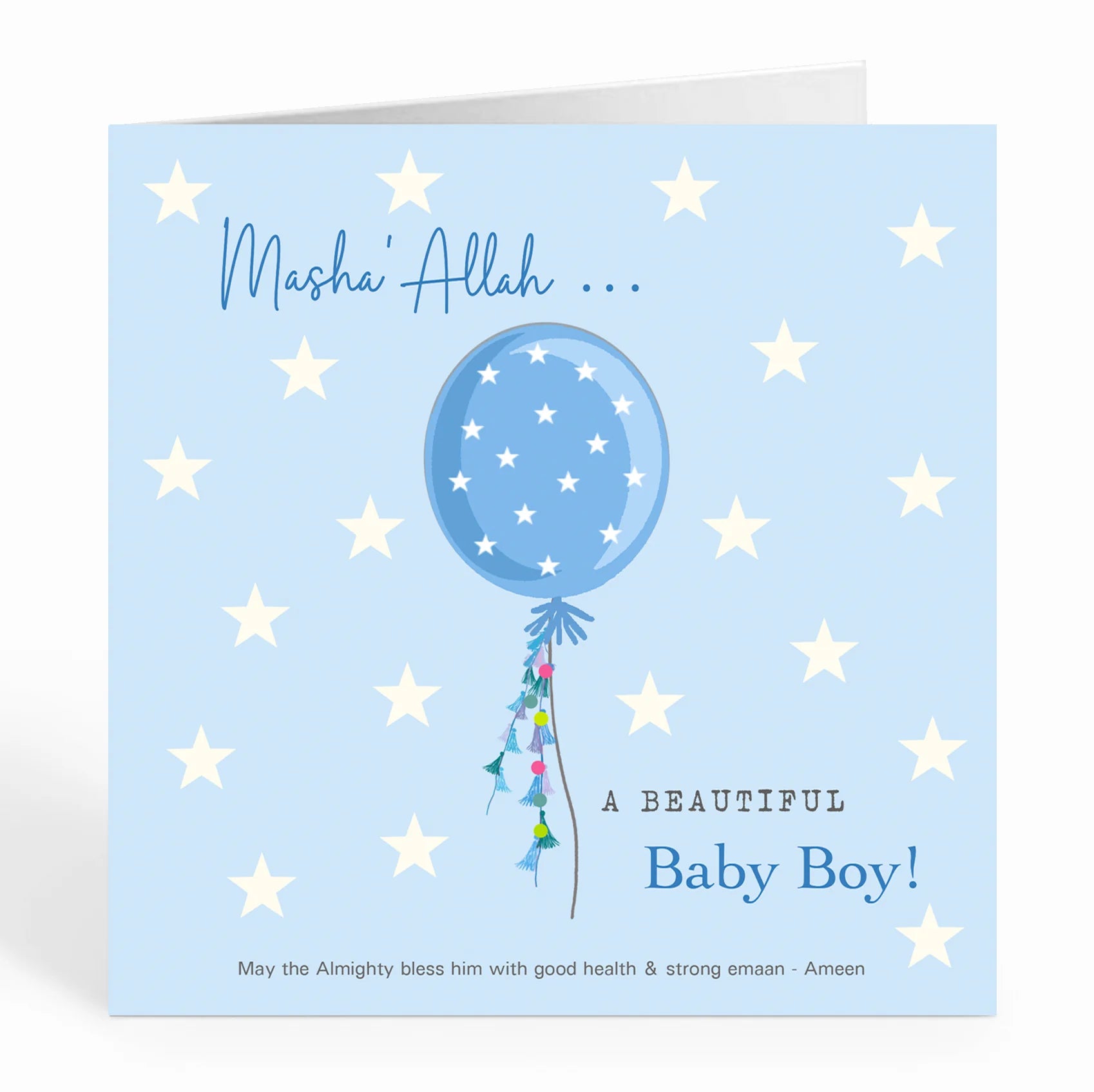 Masha'Allah... A Beautiful Baby Boy - Blue Balloon WIth White Stars Card
