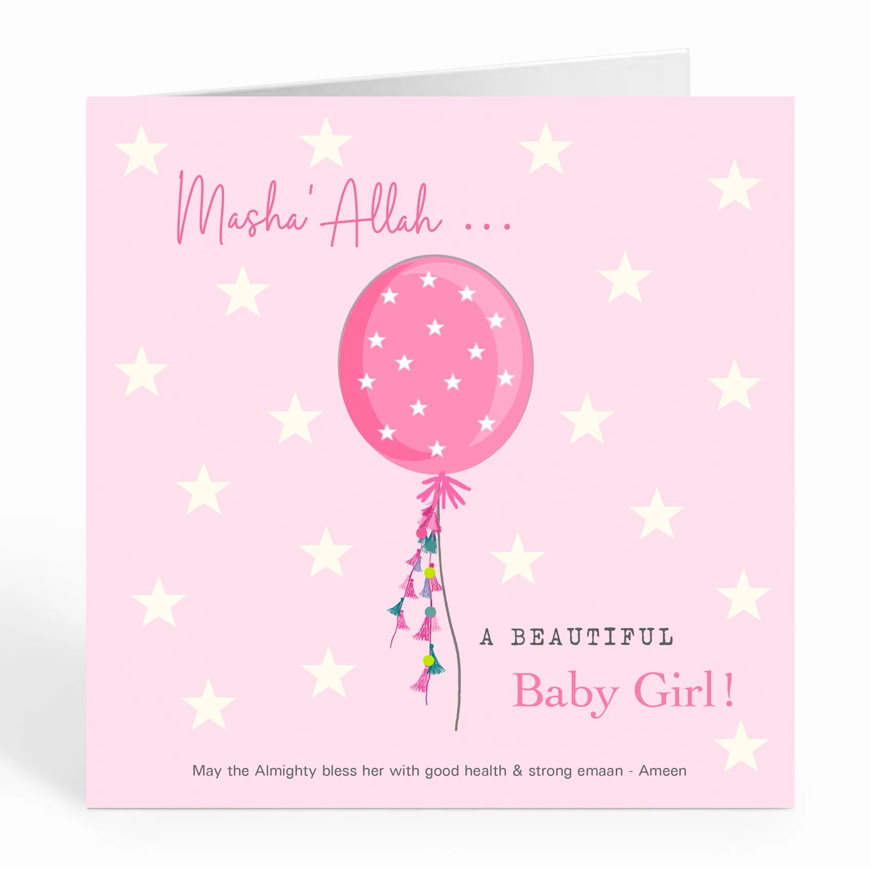 Masha'Allah... A Beautiful Baby Girl - Pink Balloon With White Stars Card
