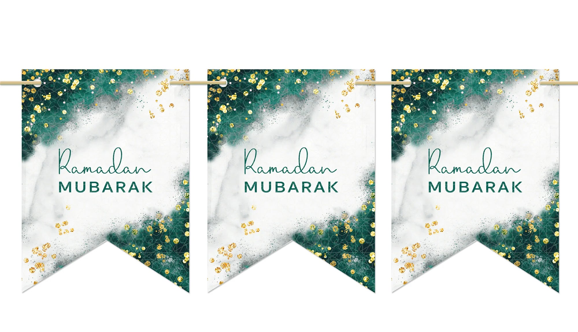 Ramadan Mubarak Bunting in Emerald Green & Gold - 10 Double Sided Flags